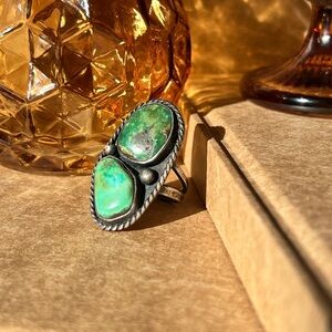 Handmade Vintage Antique Sterling Silver 2 Turquoise Stone Navajo Ring Size 7.5